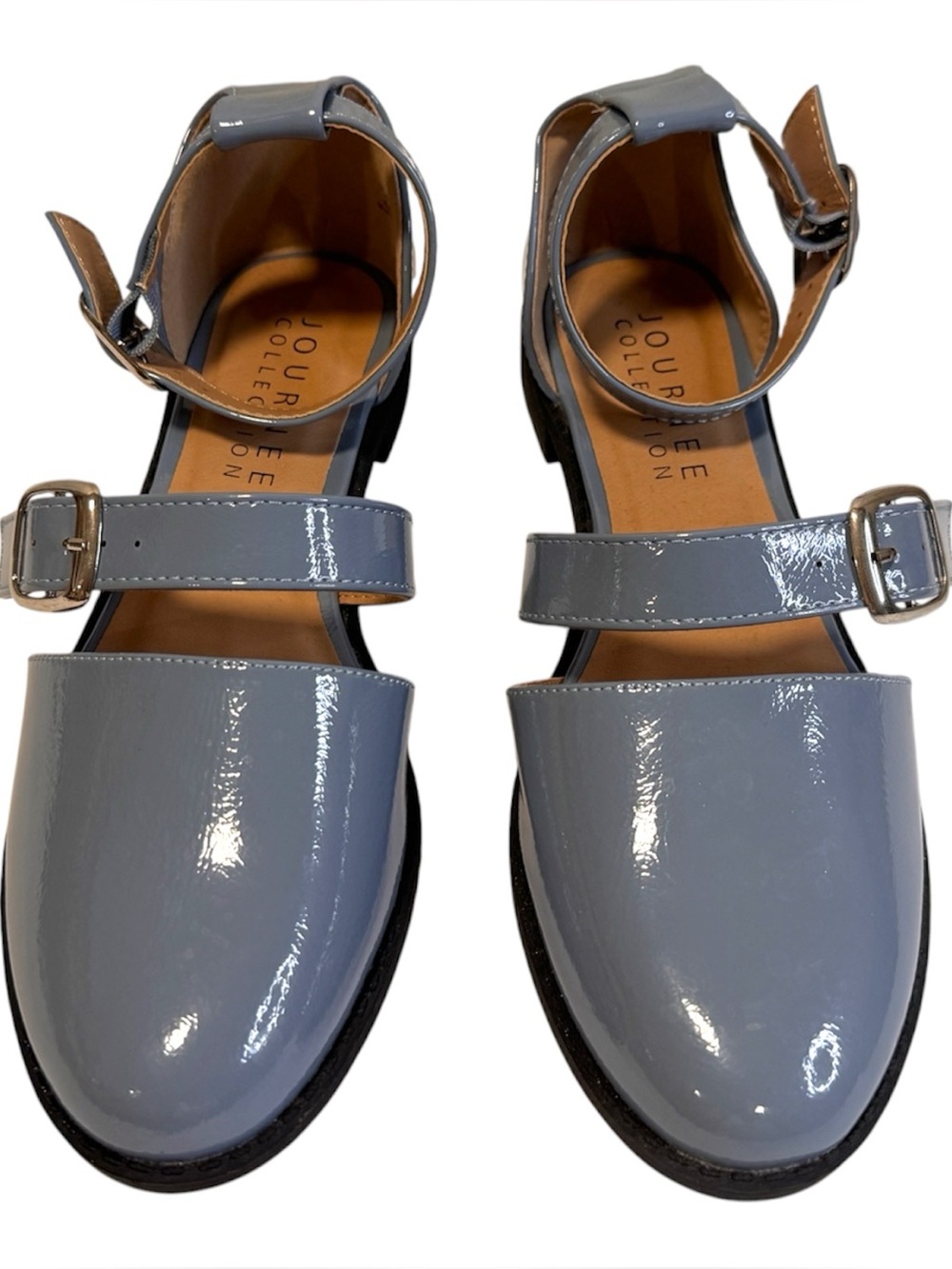 Journee Collection Gray-Blue Patent Mary Jane Flats with Ankle Strap